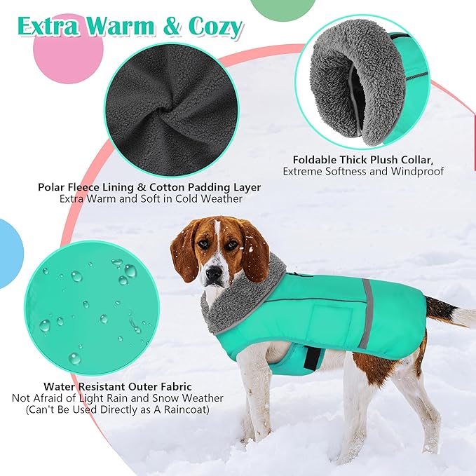 Dogcheer Warm Dog Coat, Waterproof Dog Jacket Christmas Puppy Winter Coat with Buckle, Reflective Adjustable Pet Snow Jacket Turtleneck Fleece Sweater for Small Medium Large Dogs - Pine Green, 3XL