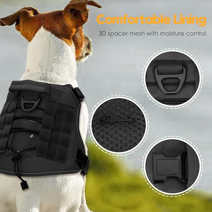 Heavy-Duty Tactical Dog Harness for Large Dogs, No Pull Adjustable Reflective Pet Vest with Molle System, K9 Military-Grade Control for Service Training, Outdoor & 10+ Breeds, Black, XX-Large