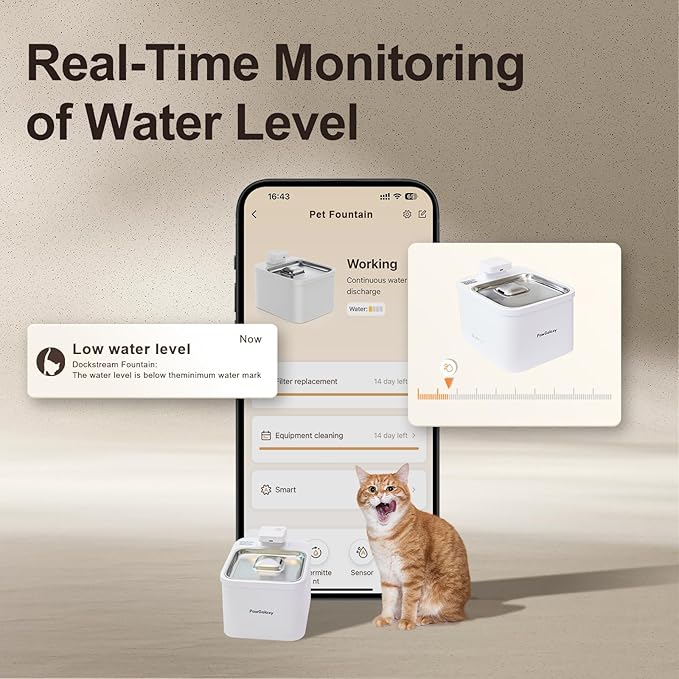 Cat Water Fountain 4L/135 oz with App-Monitoring and 3 Filters, Cordless Stainless Steel Pet Fountain, Dogs & Cats Indoor Dispenser Plug-in with Motion Sensor, Ultra-Silent Pump BPA-Free
