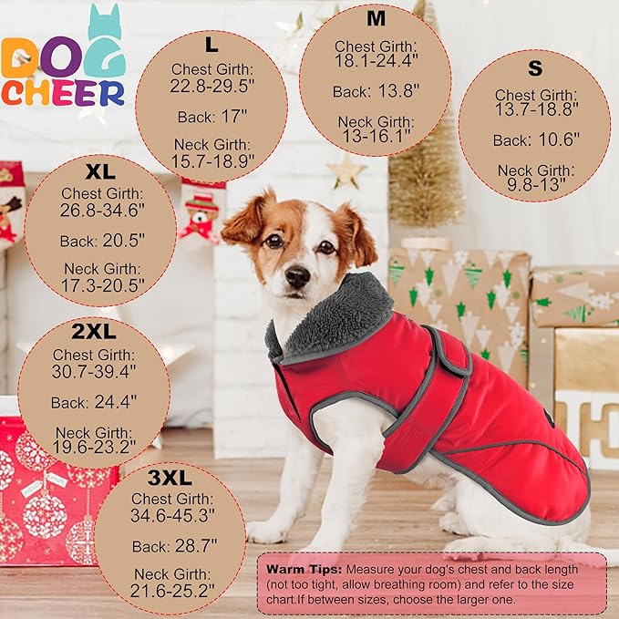 Dogcheer Dog Coat, Waterproof Dog Jacket Reflective Pet Winter Coat with Adjustable Hook & Loop, Christmas Puppy Fleece Jacket Warm Turtleneck Snowsuit for Small Medium Large Dogs - Red, S