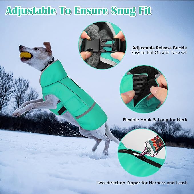 Dogcheer Warm Dog Coat, Waterproof Dog Jacket Christmas Puppy Winter Coat with Buckle, Reflective Adjustable Pet Snow Jacket Turtleneck Fleece Sweater for Small Medium Large Dogs - Pine Green, S