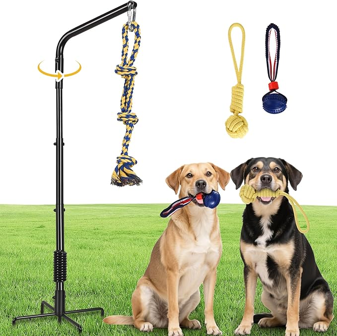 Tether Outdoor Dog Rope Toy with Strengthen Spring Pole, 3 Kinds Dog Tug of War Toys for Self Play and Interactive in Park, Yard, Lawn Rope, Suitable for Large Medium Small Dogs (Black)