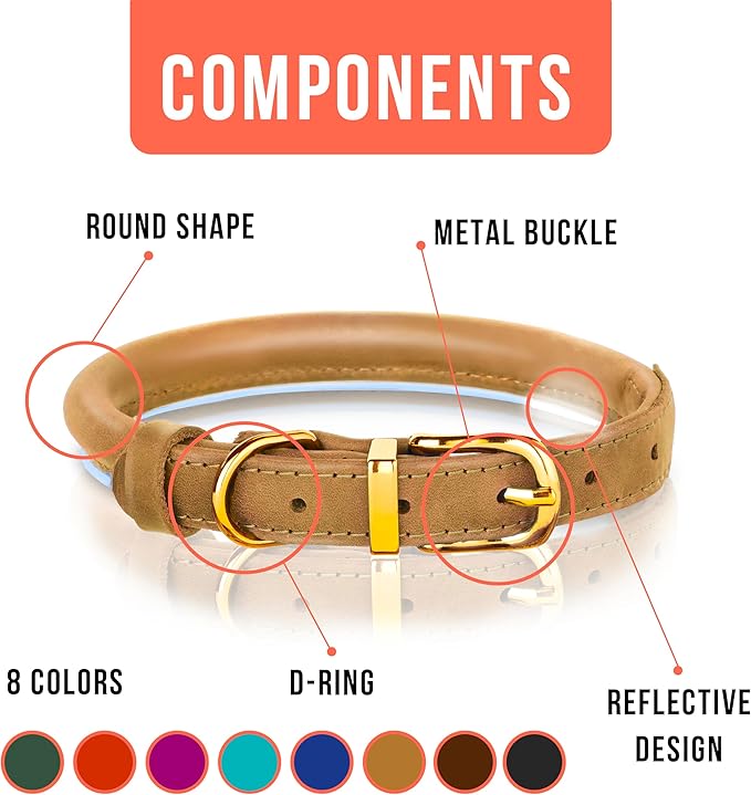 OOPSDOGGY Reflective Rolled Leather Dog Collar Adjustable Soft Padded Pet Collar for Small Medium Large Breed Dogs (Camel, L, 14"-18")