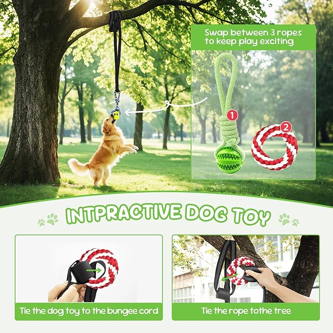 Dog Outdoor Bungee Solo Hanging Toy, Tether Tug of War Toys for Pitbull Small Large Aggressive Chewers Dogs to Exercise, Durable Interactive Tug Toy, Dog Rope Toys (3 Chew Ropes,1 poop bag)