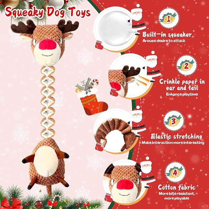 Christmas Dog Toys for Large Dogs：Squeaky Tug of War Interactive Dog Toys with Crinkled Paper-Plush Puppy Toys Keep Them Busy