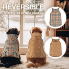 VIVAGLORY Softjoy Dog Coat, Dog Jacket for Winter & Christmas, Coat with Harness Hole & Velcro Closure, Reversible Plaid Checkered Warm Fluffy Heavy Duty for Puppy, M, Khaki