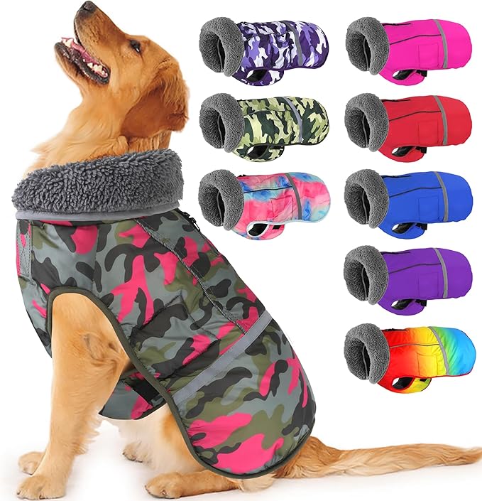 Dogcheer Warm Dog Coat, Waterproof Dog Jacket Reflective Adjustable Puppy Winter Coat with Buckle, Christmas Pet Snow Jacket Turtleneck Fleece Sweater for Small Medium Large Dogs - Camo Pink, 3XL