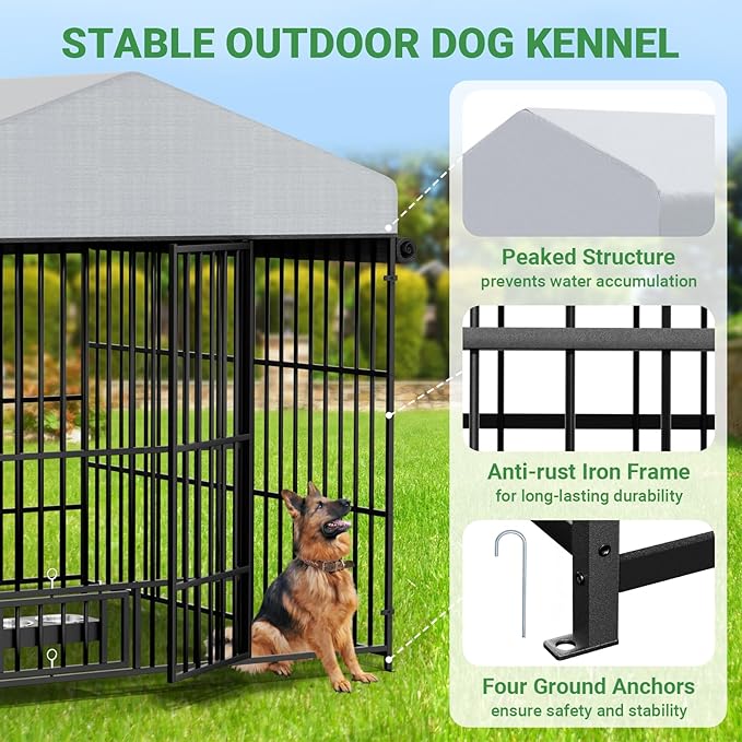 6.6 x 6.6 x 6.4 ft Outdoor Dog Kennels - Outside Dog Run Kennel with Waterproof Roof, Heavy Duty Outdoor Dog Enclosure with Rotating Feeding Bowls