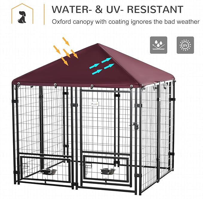 PawHut 4.6' x 4.6' x 5' Outdoor Dog Kennel, Welded Wire Dog Kennel Outside Run with 360° Rotating Bowls, Waterproof & UV Resistant Cover, for S&M Breeds, Chickens, Ducks, Red