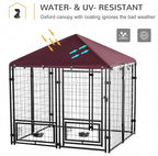 PawHut 4.6' x 4.6' x 5' Outdoor Dog Kennel, Welded Wire Dog Kennel Outside Run with 360° Rotating Bowls, Waterproof & UV Resistant Cover, for S&M Breeds, Chickens, Ducks, Red