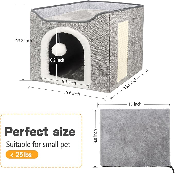 Heated Cat Bed for Indoor Cats, Foldable Cat House with Removable Heating Pad for Cats Small Dog Covered Cat Bed Cave Kitty Hideaway with with Scratch Pad, All Season Use