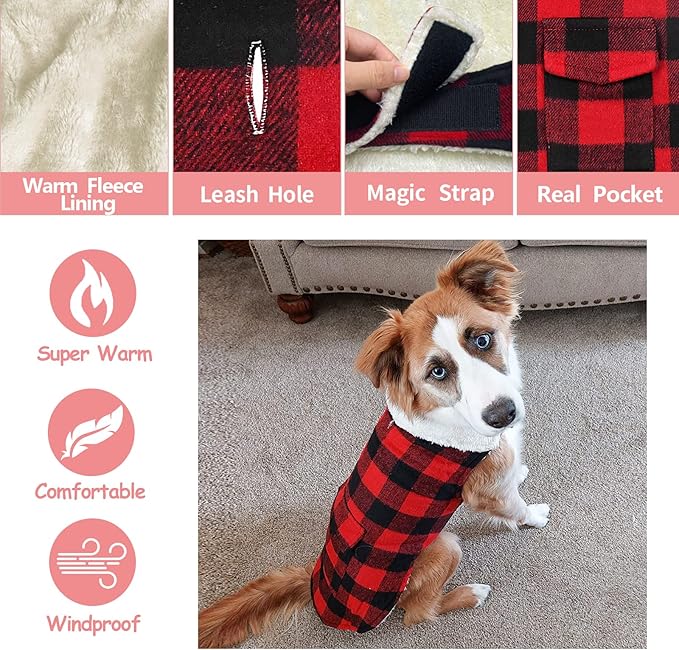 Malier Dog Winter Coat, Classic Plaid Fleece Dog Cold Weather Coats Dog Jacket with Pocket, Windprood Warm Dog Coat Vest Winter Pet Clothes Apparel for Small Medium Large Dogs (Red, XX-Large)