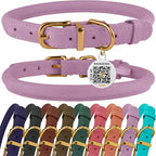 BronzeDog Rolled Leather Dog Collar with QR ID Tag, Adjustable Soft Round Collars for Small Medium Large Dogs Puppy (14" - 16" Neck Size, Lavender)