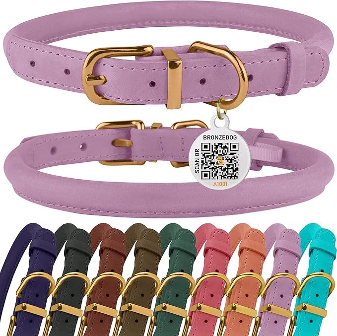 BronzeDog Rolled Leather Dog Collar with QR ID Tag, Adjustable Soft Round Collars for Small Medium Large Dogs Puppy (14" - 16" Neck Size, Lavender)