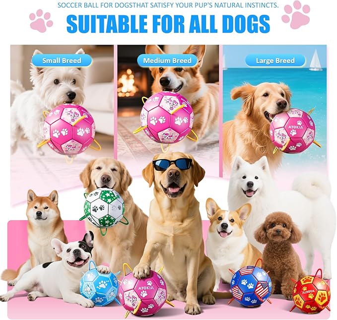 Size 3 Pink Dog Soccer Ball with Straps Durable Training Ball for Pets Interactive Outdoor Dog Toy for Medium to Large Puppies Essential Pet Supplies