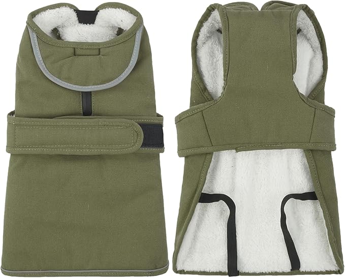 Kuoser Army Green Dog Winter Coat, X-Large, Water-Resistant, Fleece, Hooded Neck, Elastic, Hook, Zipper, Cotton, Comfortable, Leash Hole, Reflective, for Medium Breeds