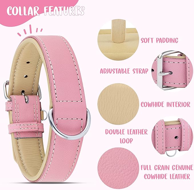 Riparo Genuine Leather Pink Dog Collar Heavy Duty K-9 Adjustable Dog Collar (L: 1.5" Wide for 17"-21" Neck, Pink)
