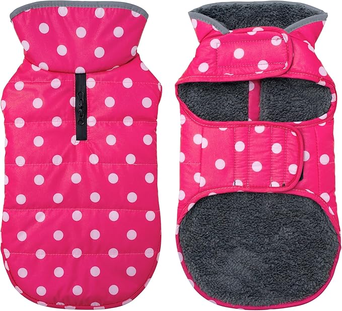 Dog Winter Coat, Waterproof Dog Jacket with Leash Hole, Reflective Adjustable Pet Snow Vest, Warm Fleece Sweater for Small Medium Large Dogs - Pink Polka Dot, XL