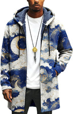 Mens Long Cardigan Hoodies Full Zip Fleece Lined Jackets Fashion Knitted Color Block Hooded Coat with Pockets