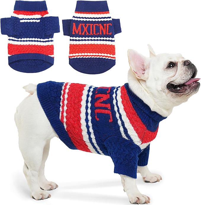 Dog Sweater for Small Medium Dogs & Cats, Classic Turtleneck Knitted Striped Pet Sweater, Warm Winter Soft Christmas Outfit for Boy & Girl Dogs, Large
