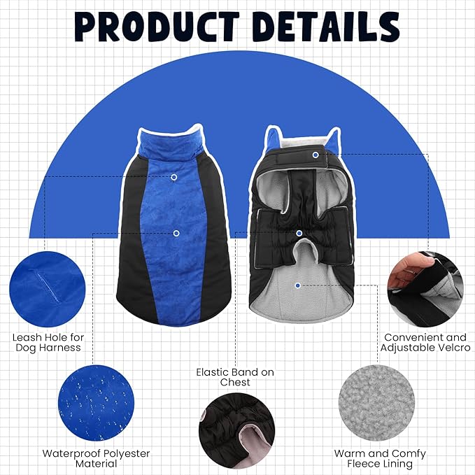 Warm Dog Coat,Waterproof Jacket in Winter Adjustable and Reversible Doggy Fleece Outfit,Thick Clothes with Foldable Collar for Puppy in Cold Days,XS RoyalBlue