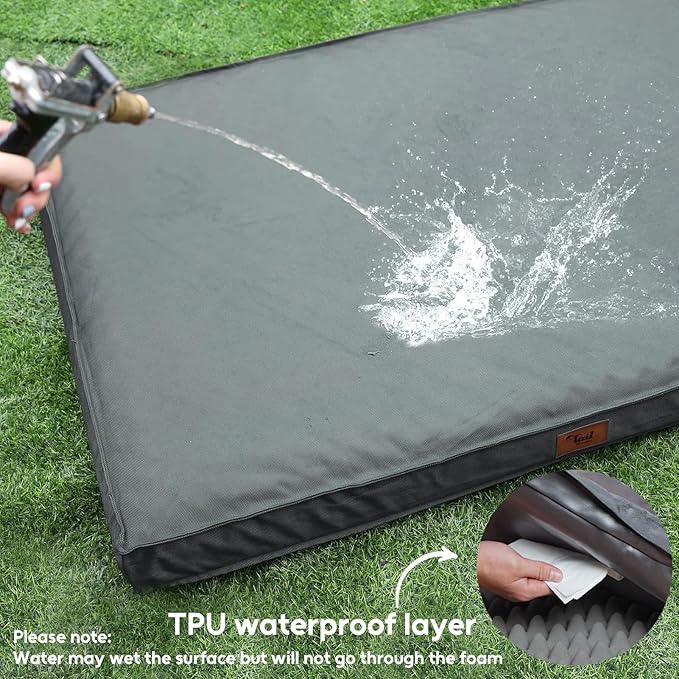 Outdoor Large Washable Dog Bed, Orthopedic Egg Crate Foam Dog Crate Mat for Large Dogs with Removable Oxford Cooling Cover, Grey