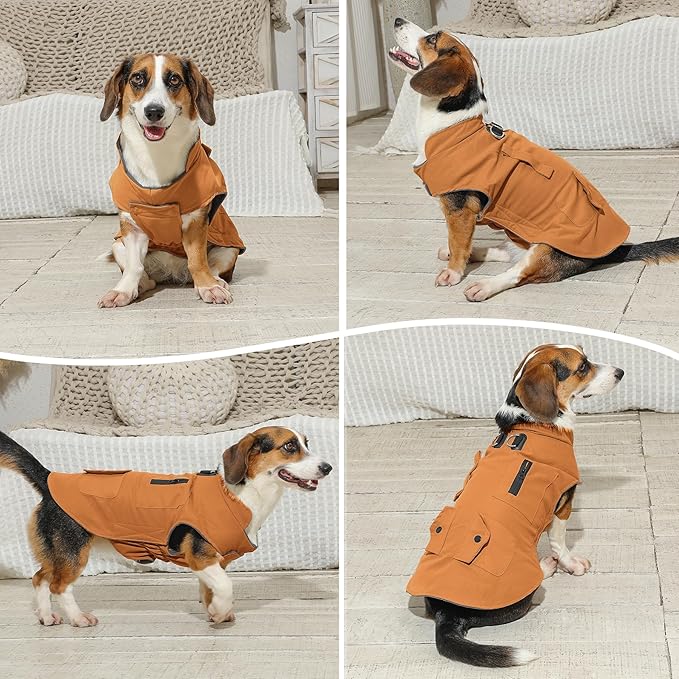 Workwear Style Dog Coats with Harness Built in for Small Dogs Windproof Warm Puppy Jacket with Storage Pockets for Cold Winter,BrightBeige L