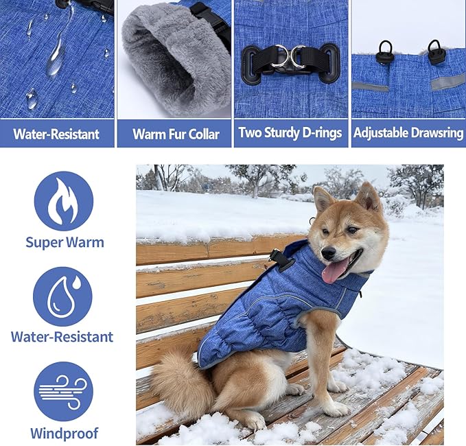 Malier Dog Coat, Reflective Dog Jacket Waterproof Windproof Puppy Cold Weather Coats with Harness Built in, Winter Extra Warm Pet Coat Fleece Vest for Small Large Pets and Puppy (Blue, Large)