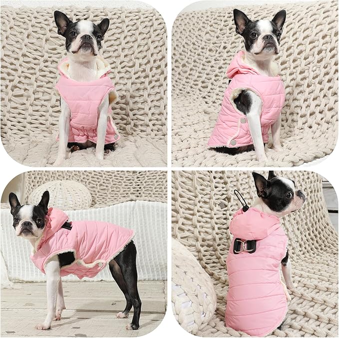 Fleece Lining Dog Hoodie with Harness Built in,Extra Warm Small Dog Jacket in Winter Puppy Coats with Drawstring Hooded,Light Pink S