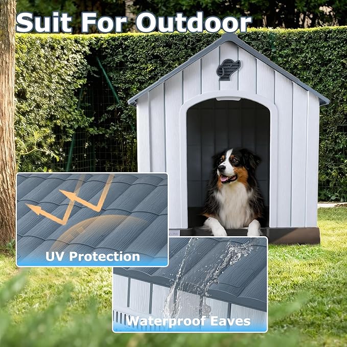 LEMBERI Large Plastic Dog House for Medium Large Dogs, Durable Waterproof Indoor Outdoor Doghouse with Air Vents and Elevated Floor, Easy to Assemble (Gray, 38.7" L x 36.8" W x 39.1" H)