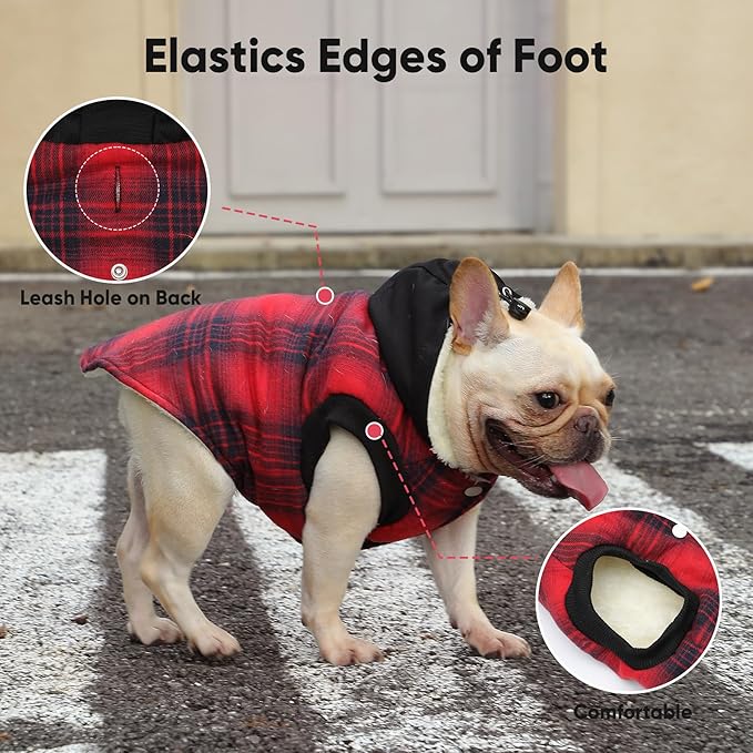 Fleece Lining Dog Hoodie for Medium Dogs Extra Warm Plaid Sweater with Drawstring Hooded Coats in Winter Puppy Jacket,Red L