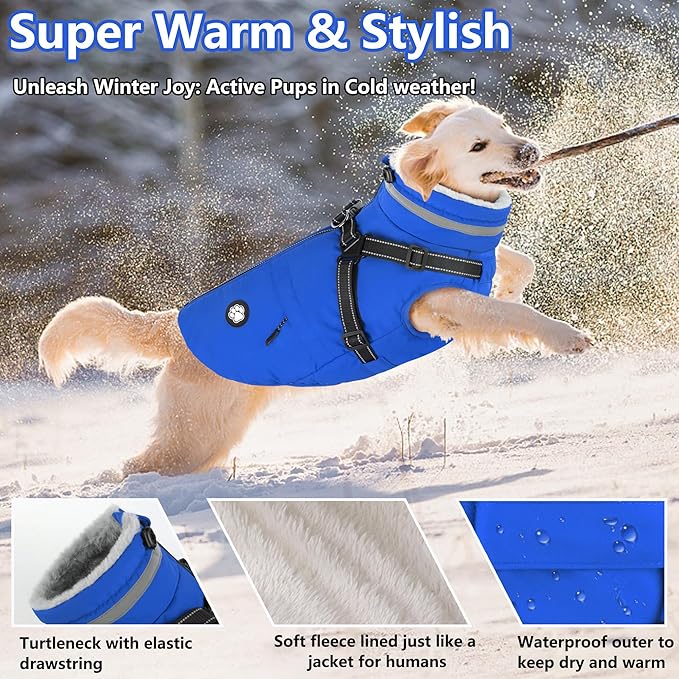 Dogcheer Dog Coat, Waterproof Dog Winter Jacket with Harness, Reflective Adjustable Doggy Cold Weather Coats, Christmas Pet Fleece Snowsuit for Small Medium Large Dogs - Blue, 3XL