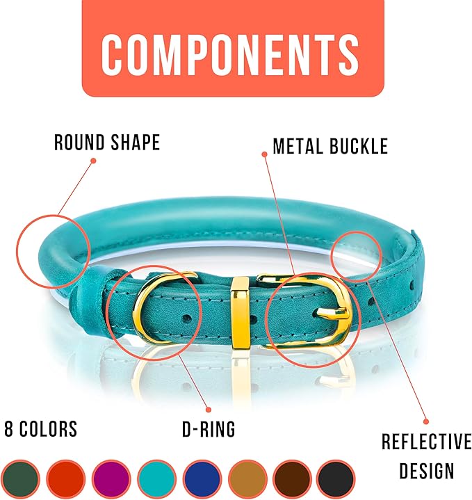 OOPSDOGGY Reflective Rolled Leather Dog Collar Adjustable Soft Padded Pet Collar for Small Medium Large Breed Dogs (Teal, XS, 8"-11")