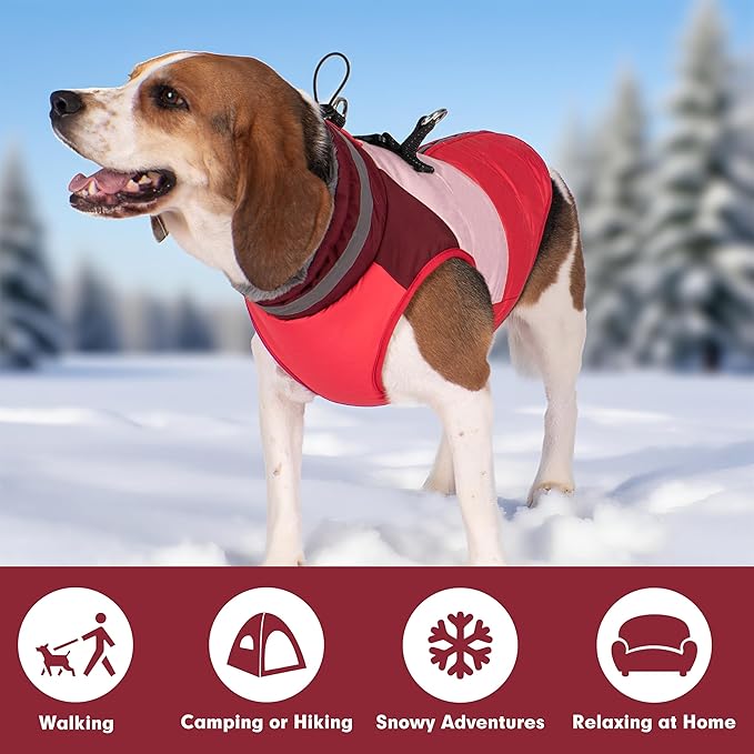 azuza Dog Jacket for Medium Dogs Waterproof Dog Coat with Reflective Strips and Harness Built in Warm Fleece Dogs Winter Coat Windproof with Back Zipper, Red XL
