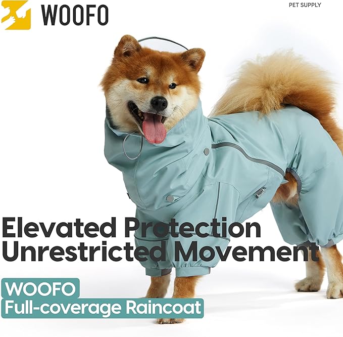 WOOFO Full-Coverage Dog Raincoat, Lightweight, Comfortable, Adjustable & Easy to Wear Dog Rain Jacket, Detachable Cap, Reflective Strip (Mint, XS)
