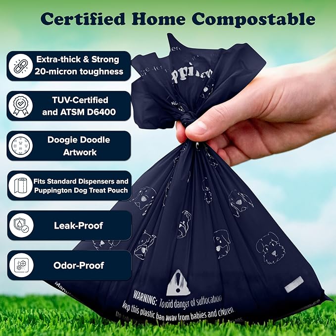 Puppington Certified Home Compostable Poop Bags - ASTM D6400 Compliant - 90 Extra Thick Bags - Plant Based - Pairs with Puppington 3-in-1 Bag & Fits all Standard Poop Bag Dispensers (Navy Blue)