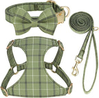 Beirui Cute Extra Small Dog Harness Collar and Leash Set with Bowtie, Soft Adjustable Plaid Puppy Harness for Small Sized Dogs Cats Walks Parties and Photoshoots(Green,XS:Chest 13-18")