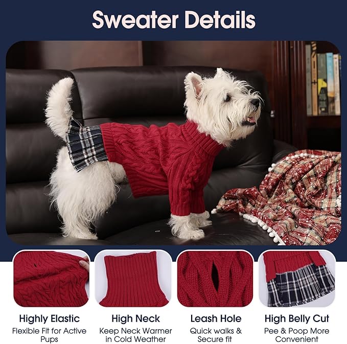 IECOii Girl XXL Dog Sweater Dress, Cozy Cable Knit Dog Sweater for Large Dogs Girl, Red,XXLarge, 2XL Pet Pullover Knitted Dress for Winter, Turleneck with Sleeve, Warm Sweaters for Female Pitbull