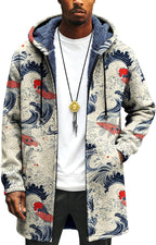 Mens Long Cardigan Hoodies Full Zip Fleece Lined Jackets Fashion Knitted Color Block Hooded Coat with Pockets