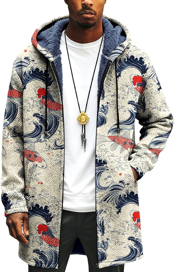 Mens Long Cardigan Hoodies Full Zip Fleece Lined Jackets Fashion Knitted Color Block Hooded Coat with Pockets