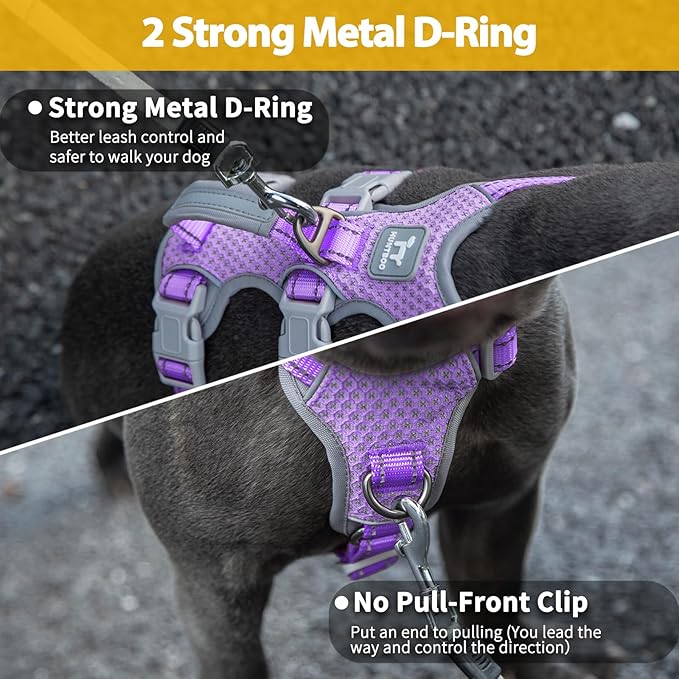 Huntboo Escape Proof Harness,No Slip Dog Harness Escape Proof,Fully Reflective Harness with Handle,Breathable,Durable,Adjustable Vest for Medium Dogs Walking,Training & Running Gear(Lavender Purple,M)