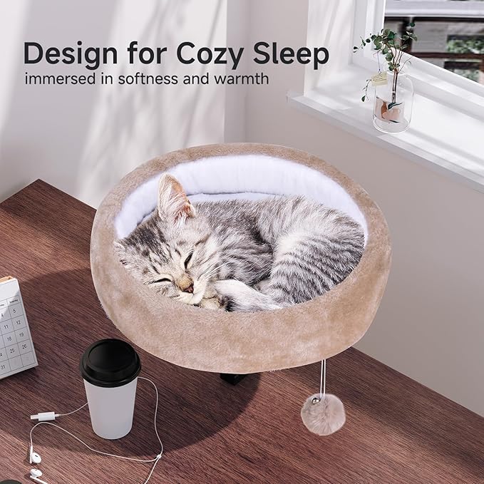 Cat Desk Bed - 360° Rotating & Adjustable, Supports 44 lbs, Soft Faux Fur with Dual-Sided Reversible Mat, Modern Indoor Cat Nest Furniture for Office Desks and Game Tables, Island Table