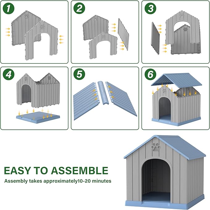 Large Dog House for Outdoor & Indoor, Waterproof Puppy Shelter with Air Vents & Elevated Floor, Easy Assemble Sturdy Dog Kennel for Large Dogs(Blue,36.2''L×38''W×38''H)
