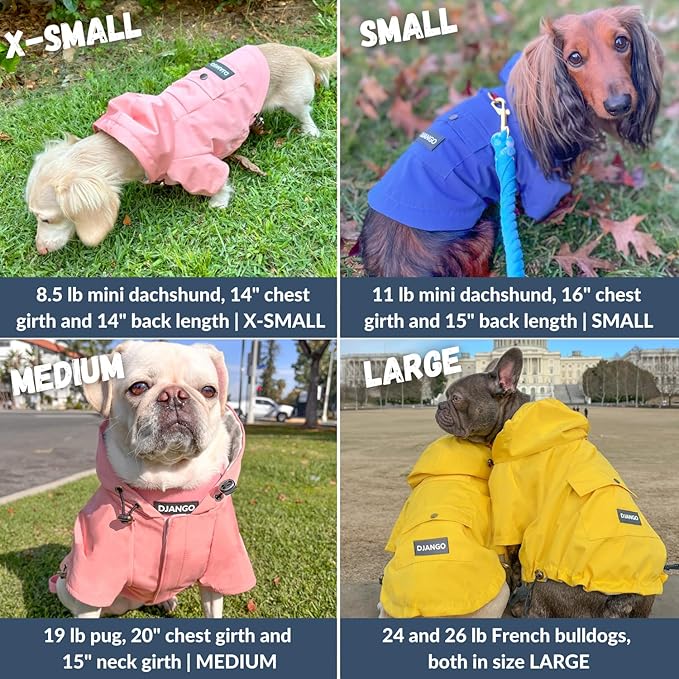 DJANGO Highland Dog Jacket & Raincoat – Water-Repellent, Lined Dog Coat with Hood, Adjustable Fit & Harness Hole – Lightweight Rain & Wind Jacket for Small & Medium Dogs up to 30 lbs (Blue, Large)