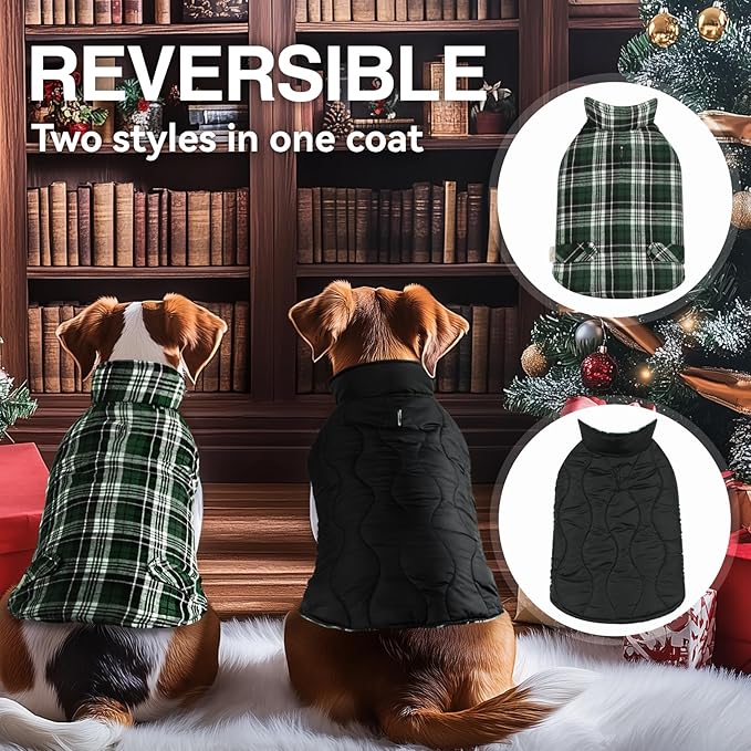 VIVAGLORY Softjoy Dog Coat, Dog Jacket for Winter & Christmas, Coat with Harness Hole & Velcro Closure, Reversible Plaid Checkered Warm Fluffy Heavy Duty for Puppy, XL, Green
