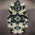 Mens Aztec Print Hoodie Heavyweight Cotton Fleece Jacket Zip Up Warm Long Sleeve Hooded Winter Midi Coat