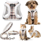 GAMUDA Small Dog Harness Collar and Leash Set, Step in No Chock No Pull Soft Mesh Adjustable Dog Vest Harnesses Plaid Reflective for Dogs Puppy Cats Kitten Rabbit (Warm Beige, XXXS)