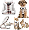 GAMUDA Small Dog Harness Collar and Leash Set, Step in No Chock No Pull Soft Mesh Adjustable Dog Vest Harnesses Plaid Reflective for Dogs Puppy Cats Kitten Rabbit (Warm Beige, M)