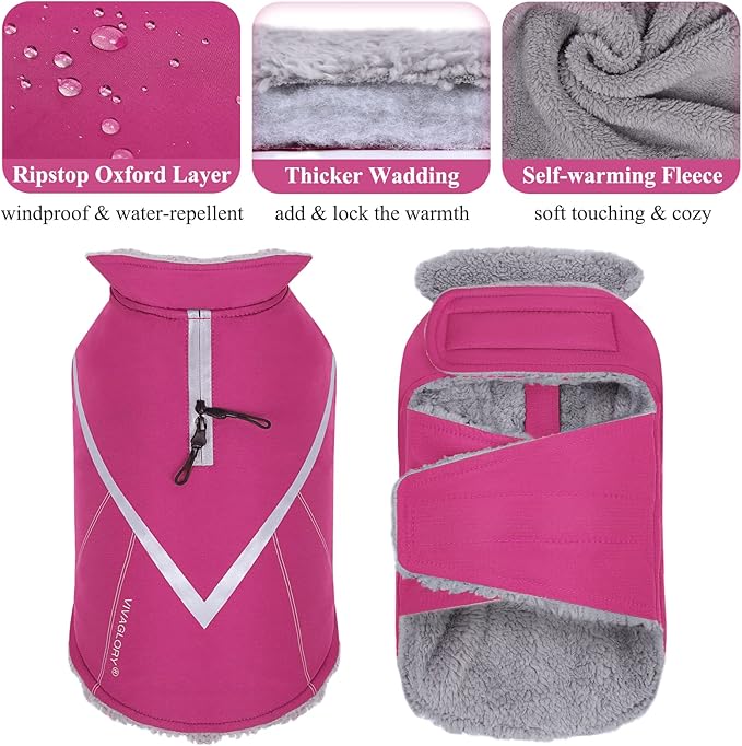 VIVAGLORY Snowrap Dog Coat, Jacket with Harness Hole & Velcro Closure, Dog Coat for Winter & Cold Weather, Fluffy Warm Fleece Lined Reflective Water Resistant for Puppy, L, Fuchsia