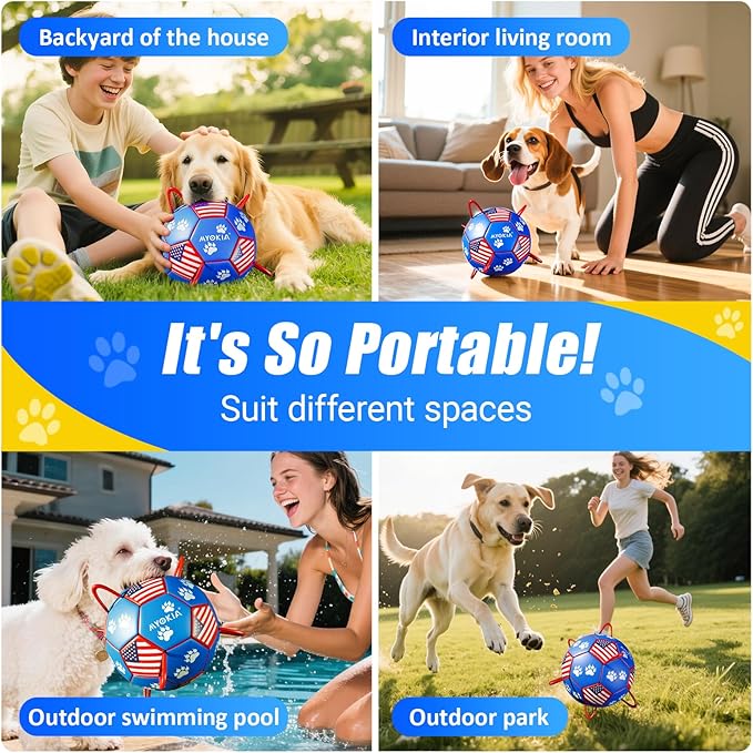 Size 3 Interactive Dog Football with Strap, Blue & Red, Eye-Catching Paw Prints and Flag Design, Ideal Outdoor Training Pet Toy, Perfect Choice for Medium & Large Dogs' Playtime